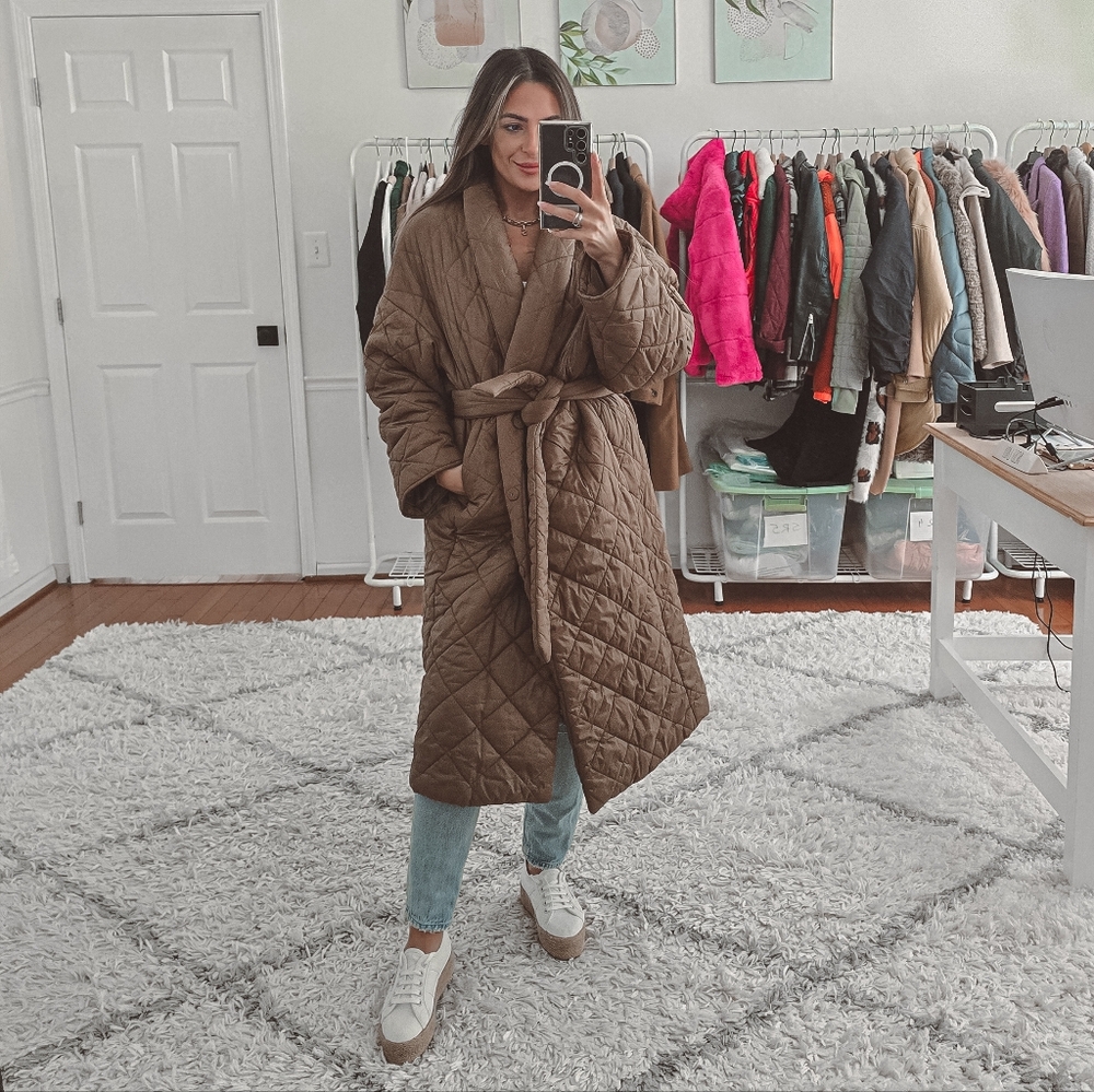 Mango brown quilted belted long coat size M - Picture 6 of 12